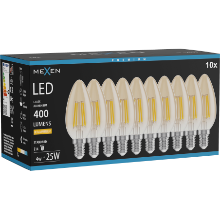 Mexen Vintis 10x LED филамент крушка E14, C35, 4W, Топла - 2200K, 400 lm, кехлибар
