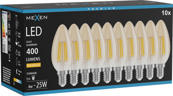Mexen Vintis 10x LED филамент крушка E14, C35, 4W, Топла - 2200K, 400 lm, кехлибар