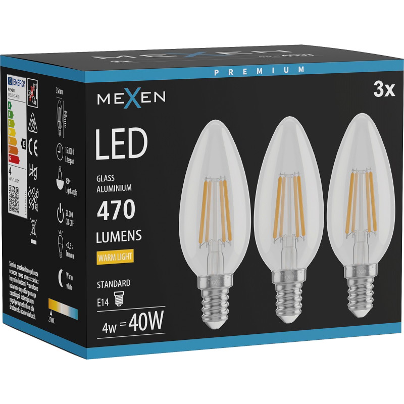 Mexen Vintis 3x LED филамент крушка E14, C35, 4W, Топла - 2700K, 470 lm, прозрачно