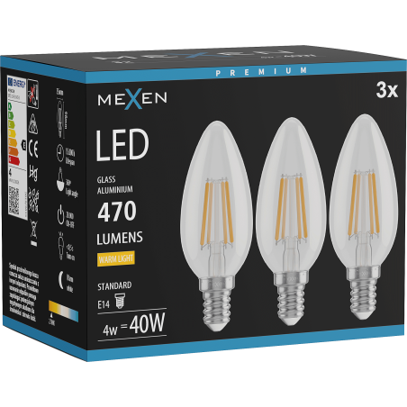 Mexen Vintis 3x LED филамент крушка E14, C35, 4W, Топла - 2700K, 470 lm, прозрачно