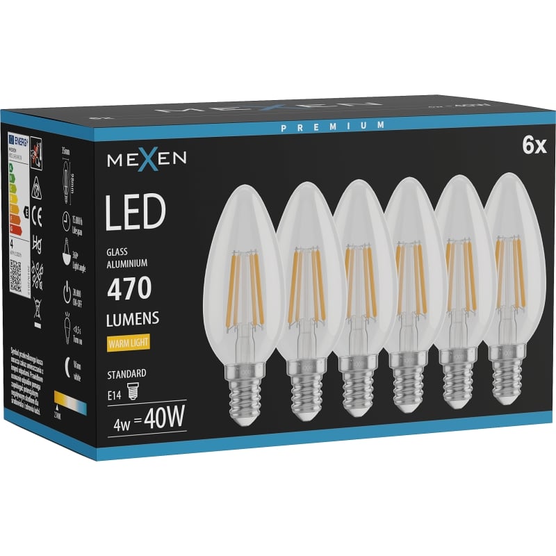 Mexen Vintis 6x LED филамент крушка E14, C35, 4W, Топла - 2700K, 470 lm, прозрачна