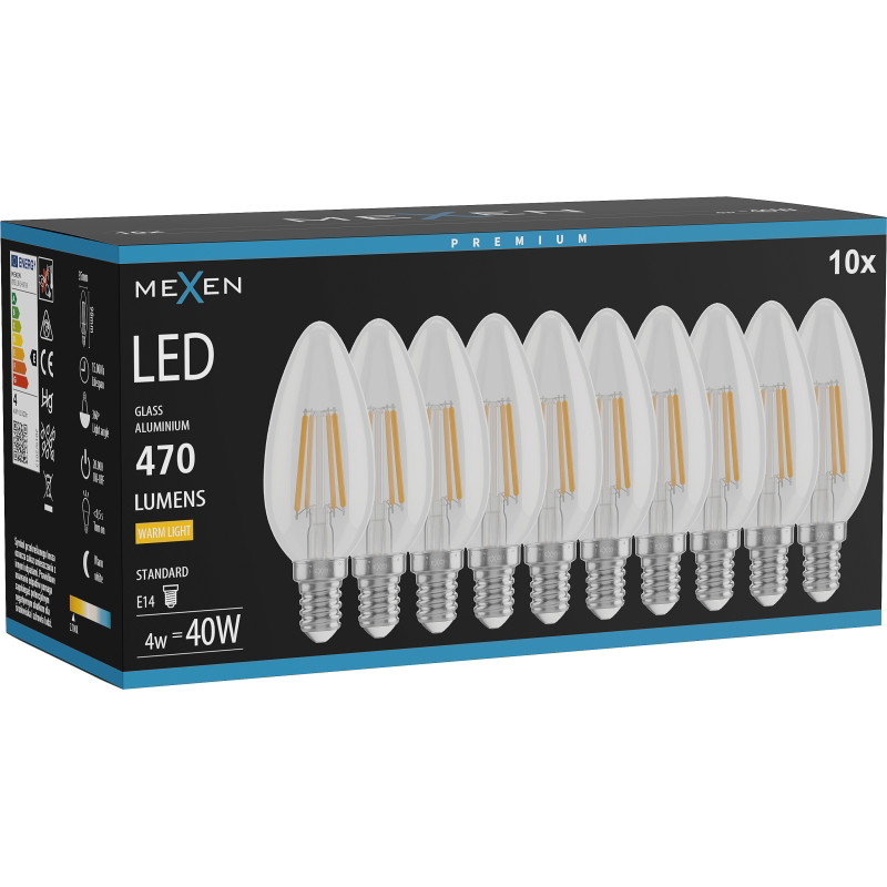 Mexen Vintis 10x LED крушка филамент E14, C35, 4W, Топла - 2700K, 470 lm, прозрачна