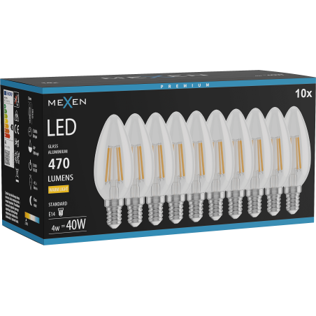 Mexen Vintis 10x LED крушка филамент E14, C35, 4W, Топла - 2700K, 470 lm, прозрачна