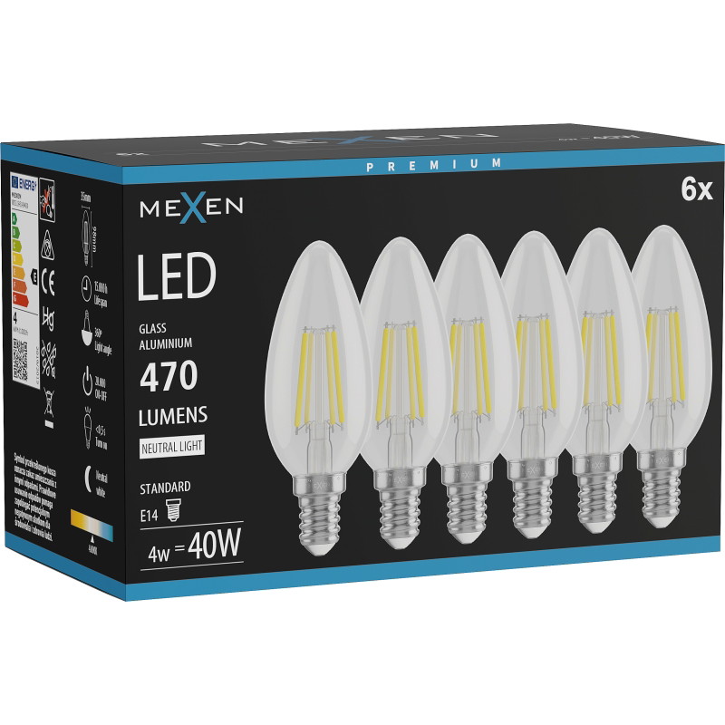 Mexen Vintis 6x LED филаментна крушка E14, C35, 4W, Неутрална - 4000K, 470 lm, прозрачна -