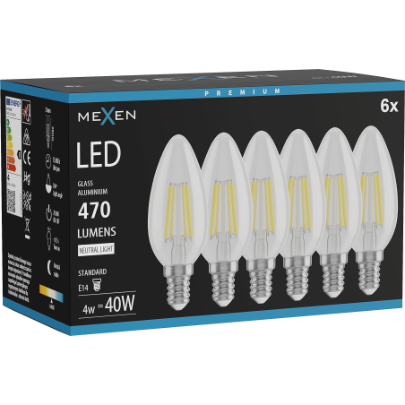 Mexen Vintis 6x LED филаментна крушка E14, C35, 4W, Неутрална - 4000K, 470 lm, прозрачна -