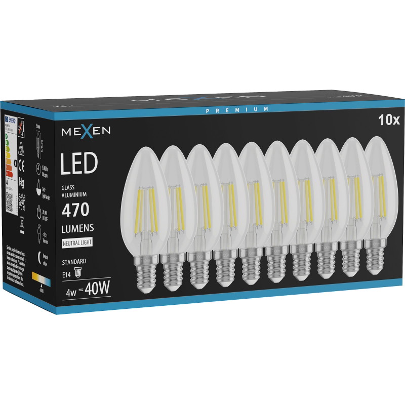 Mexen Vintis 10x LED филамент крушка E14, C35, 4W, Неутрална - 4000K, 470 lm, прозрачно -