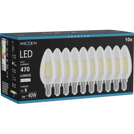 Mexen Vintis 10x LED филамент крушка E14, C35, 4W, Неутрална - 4000K, 470 lm, прозрачно -