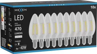 Mexen Vintis 10x LED филамент крушка E14, C35, 4W, Неутрална - 4000K, 470 lm, прозрачно -