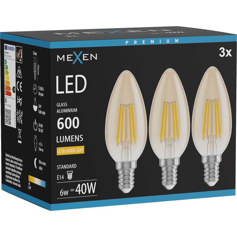 Mexen Vintis 3x LED крушка с нажежаема жичка E14, C35, 6W, Топла - 2200K, 600 lm, кехлибар
