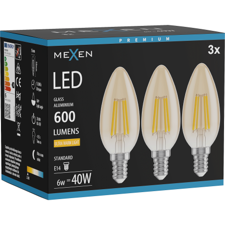 Mexen Vintis 3x LED крушка с нажежаема жичка E14, C35, 6W, Топла - 2200K, 600 lm, кехлибар