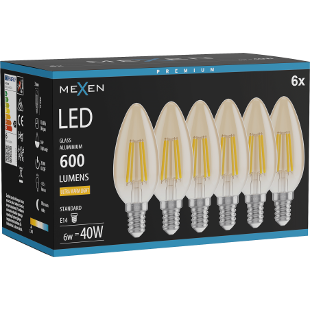 Mexen Vintis 6x LED крушка филамент E14, C35, 6W, Топла - 2200K, 600 lm, кехлибар