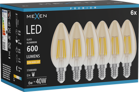 Mexen Vintis 6x LED крушка филамент E14, C35, 6W, Топла - 2200K, 600 lm, кехлибар