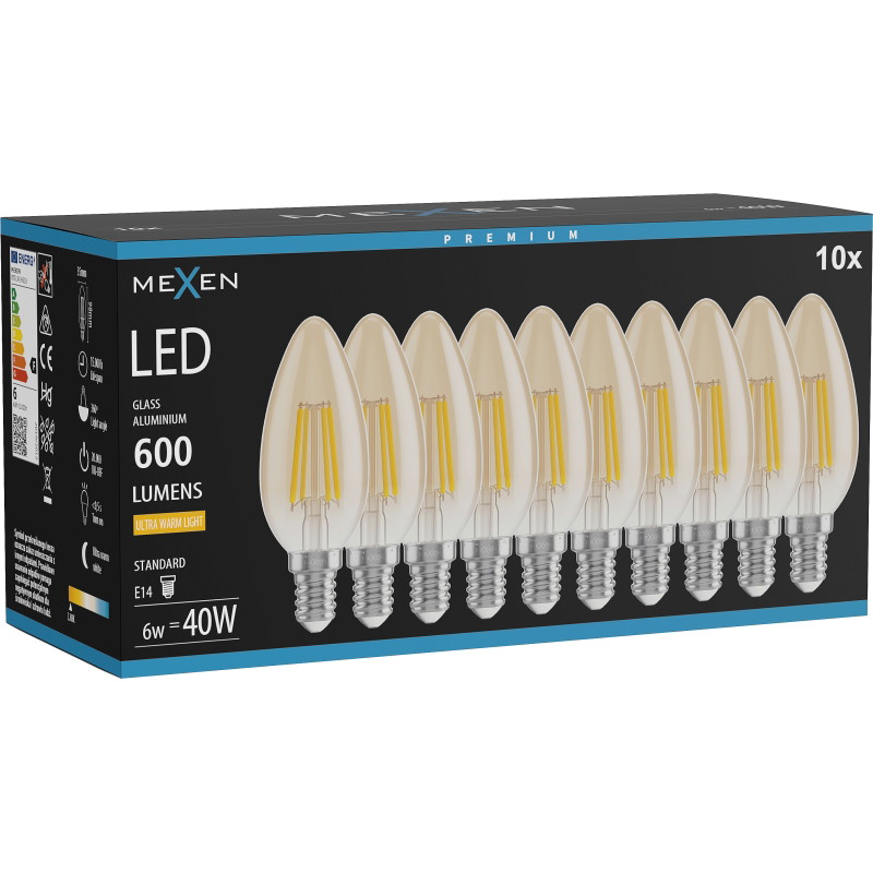 Mexen Vintis 10x LED нажежаема жичка крушка E14, C35, 6W, Топла - 2200K, 600 lm, кехлибар