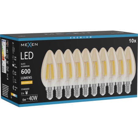 Mexen Vintis 10x LED нажежаема жичка крушка E14, C35, 6W, Топла - 2200K, 600 lm, кехлибар