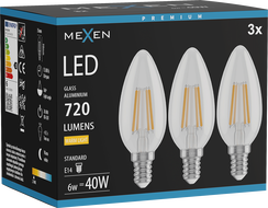 Mexen Vintis 3x LED нажежаема жичка крушка E14, C35, 6W, Топло - 2700K, 720 lm, прозрачно