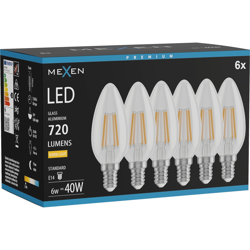 Mexen Vintis 6x LED филаментна крушка E14, C35, 6W, Топла - 2700K, 720 lm, прозрачна