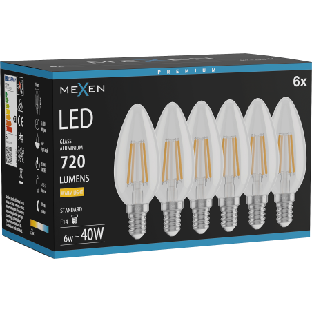 Mexen Vintis 6x LED филаментна крушка E14, C35, 6W, Топла - 2700K, 720 lm, прозрачна
