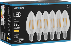 Mexen Vintis 6x LED филаментна крушка E14, C35, 6W, Топла - 2700K, 720 lm, прозрачна