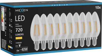 Mexen Vintis 10x LED филтърна крушка E14, C35, 6W, Топла - 2700K, 720 lm, прозрачна