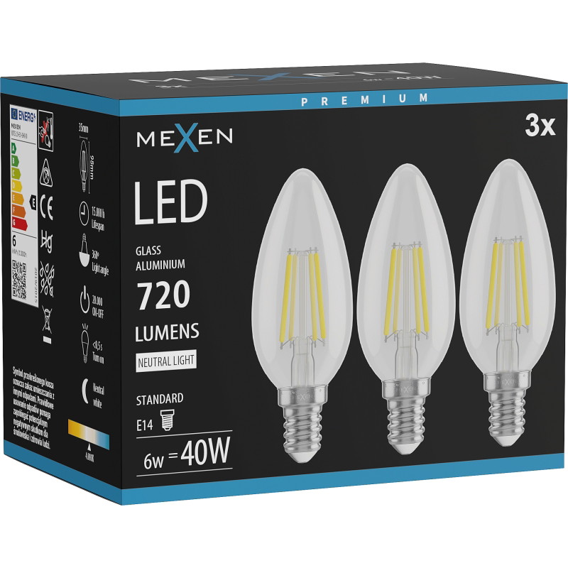 Mexen Vintis 3x LED нажежаема лампа E14, C35, 6W, Неутрална - 4000K, 720 lm, прозрачна