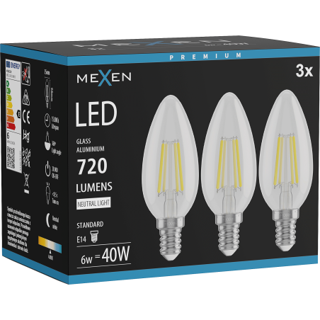 Mexen Vintis 3x LED нажежаема лампа E14, C35, 6W, Неутрална - 4000K, 720 lm, прозрачна