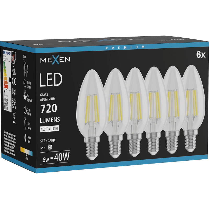 Mexen Vintis 6x LED Филаментна Крушка E14, C35, 6W, Неутрална - 4000K, 720 lm, прозрачна