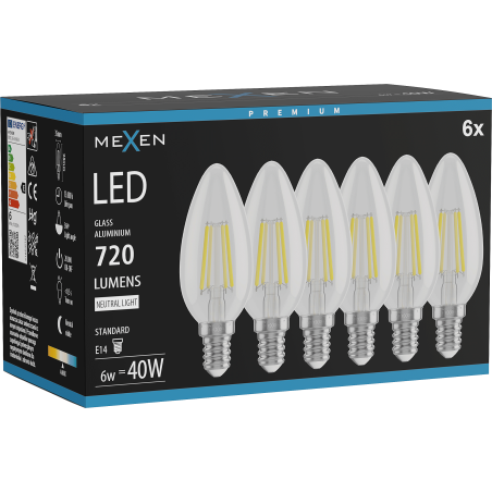 Mexen Vintis 6x LED Филаментна Крушка E14, C35, 6W, Неутрална - 4000K, 720 lm, прозрачна