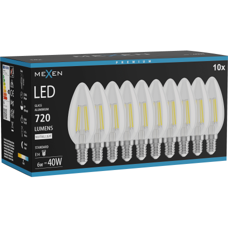 Mexen Vintis 10x LED филаментна крушка E14, C35, 6W, неутрална - 4000K, 720 lm, прозрачна