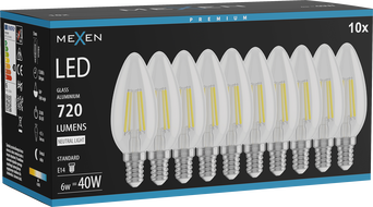 Mexen Vintis 10x LED филаментна крушка E14, C35, 6W, неутрална - 4000K, 720 lm, прозрачна