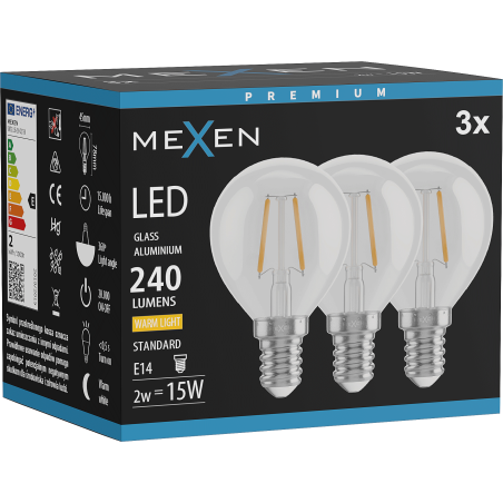 Mexen Vintis 3x LED нажежаема жичка крушка E14, G45, 2W, Топла - 2700K, 240 lm, прозрачна