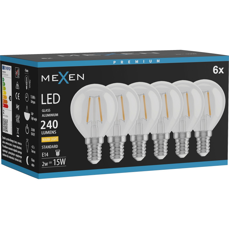 Mexen Vintis 6x LED филамент крушка E14, G45, 2W, Топла - 2700K, 240 lm, прозрачна