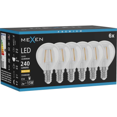 Mexen Vintis 6x LED филамент крушка E14, G45, 2W, Топла - 2700K, 240 lm, прозрачна