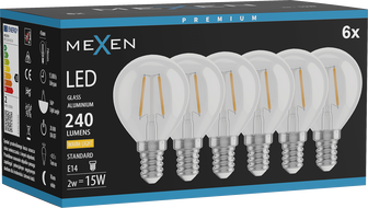 Mexen Vintis 6x LED филамент крушка E14, G45, 2W, Топла - 2700K, 240 lm, прозрачна
