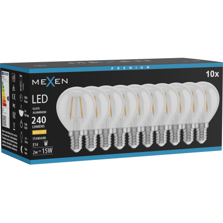 Mexen Vintis 10x LED филамент крушка E14, G45, 2W, Топла - 2700K, 240 lm, прозрачен