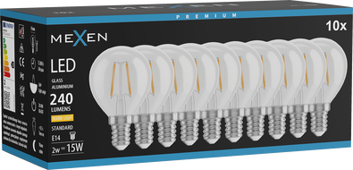 Mexen Vintis 10x LED филамент крушка E14, G45, 2W, Топла - 2700K, 240 lm, прозрачен