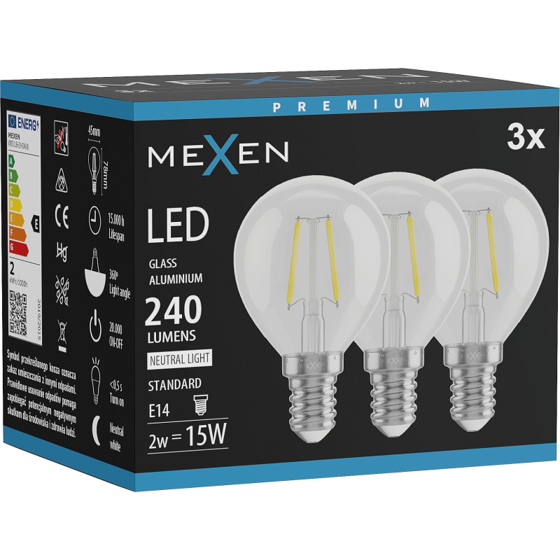 Mexen Vintis 3x LED нажежаема крушка E14, G45, 2W, Неутрална - 4000K, 240 lm, прозрачна