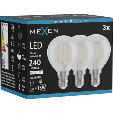 Mexen Vintis 3x LED нажежаема крушка E14, G45, 2W, Неутрална - 4000K, 240 lm, прозрачна