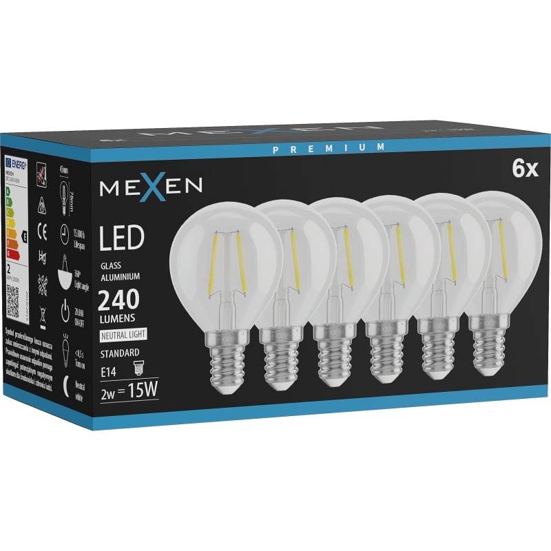 Mexen Vintis 6x LED Филамент крушки E14, G45, 2W, Неутрална - 4000K, 240 lm, прозрачна