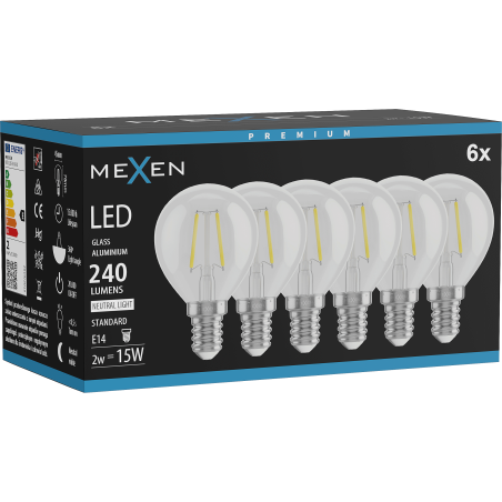 Mexen Vintis 6x LED Филамент крушки E14, G45, 2W, Неутрална - 4000K, 240 lm, прозрачна
