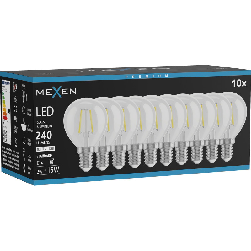 Mexen Vintis 10x LED крушка с нажежаема жичка E14, G45, 2W, Неутрална - 4000K, 240 lm,