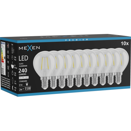 Mexen Vintis 10x LED крушка с нажежаема жичка E14, G45, 2W, Неутрална - 4000K, 240 lm,