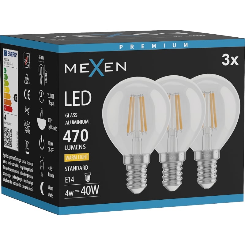 Mexen Vintis 3x LED филаментна крушка E14, G45, 4W, Топло - 2700K, 470 lm, прозрачно