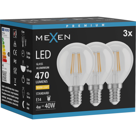 Mexen Vintis 3x LED филаментна крушка E14, G45, 4W, Топло - 2700K, 470 lm, прозрачно