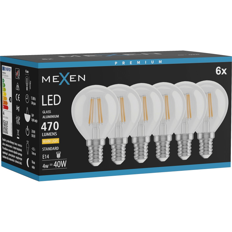 Mexen Vintis 6x крушка нажежаема LED E14, G45, 4W, Топла - 2700K, 470 lm, прозрачна