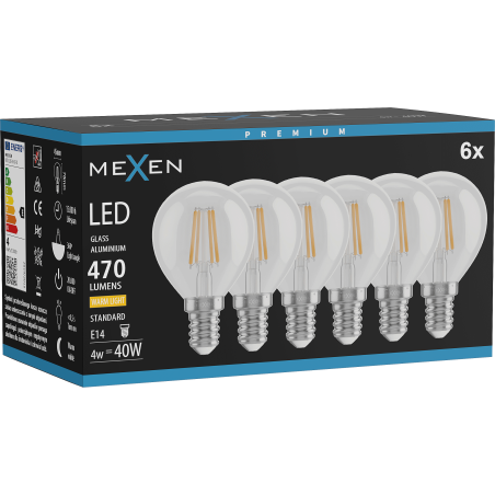 Mexen Vintis 6x крушка нажежаема LED E14, G45, 4W, Топла - 2700K, 470 lm, прозрачна