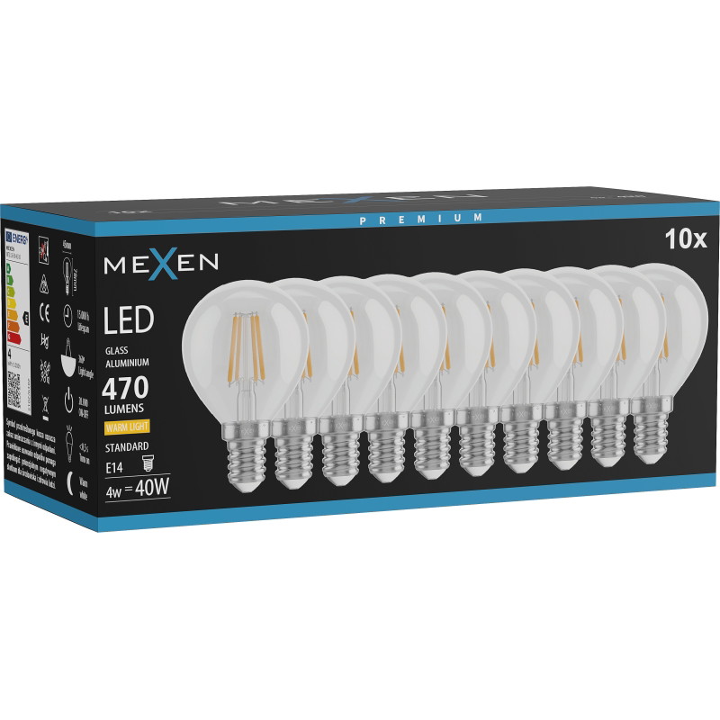 Mexen Vintis 10x LED филаментна крушка E14, G45, 4W, Топла - 2700K, 470 lm, прозрачна
