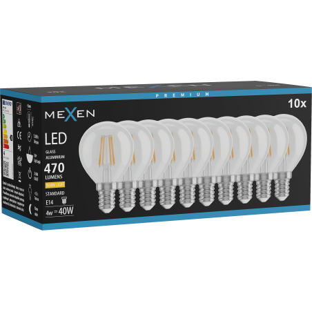 Mexen Vintis 10x LED филаментна крушка E14, G45, 4W, Топла - 2700K, 470 lm, прозрачна