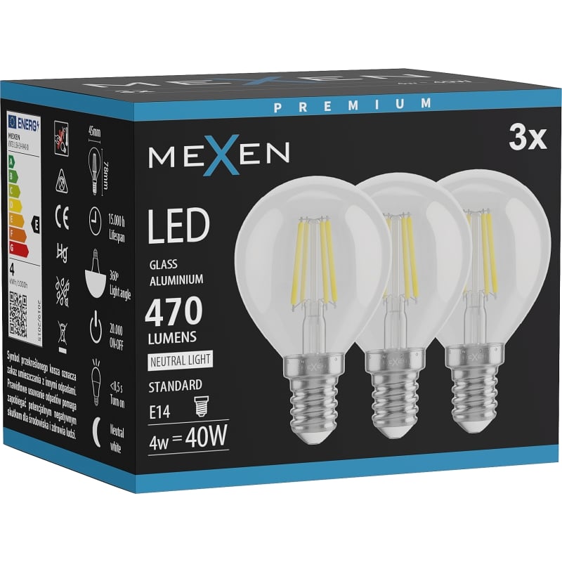 Mexen Vintis 3x LED нажежаема крушка E14, G45, 4W, Неутрална - 4000K, 470 lm, прозрачна -