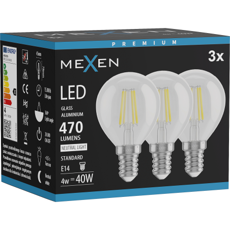 Mexen Vintis 3x LED нажежаема крушка E14, G45, 4W, Неутрална - 4000K, 470 lm, прозрачна -