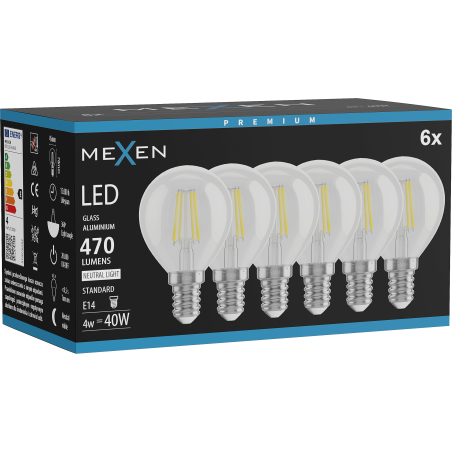 Mexen Vintis 6x LED Едисонова крушка E14, G45, 4W, Неутрална - 4000K, 470 lm, прозрачна -